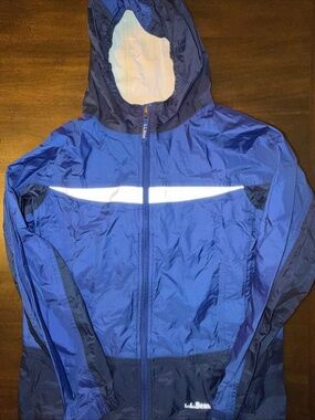 LL Bean Kids Youth Windbreaker Hooded Rain Coat Zip Jacket Size L (14-16) Blue